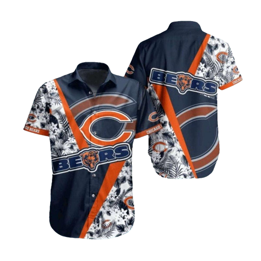 Chicago Bears Logo With Bold Stripe And Floral Mix Hawaiian Shirt - Moonbestprint