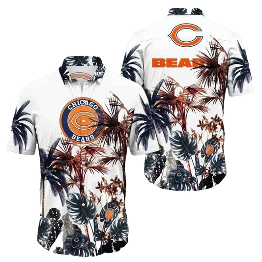 Chicago Bears Logo Palm Shadows White Hawaiian Shirt - Moonbestprint