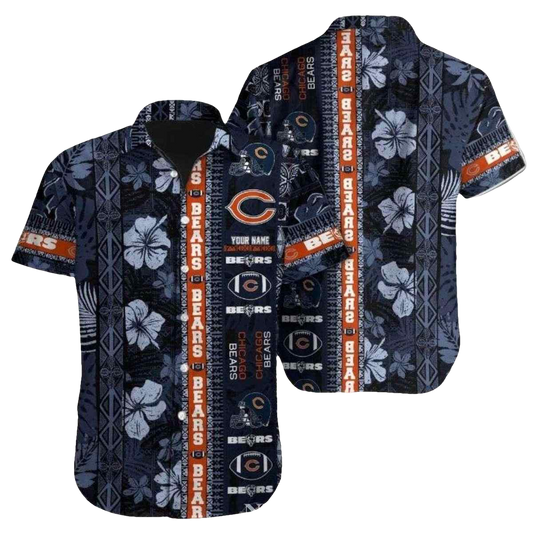 Chicago Bears Logo In My Heart Navy Hibiscus Hawaiian Shirt - Moonbestprint
