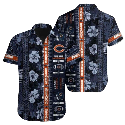 Chicago Bears Logo In My Heart Navy Hibiscus Hawaiian Shirt - Moonbestprint