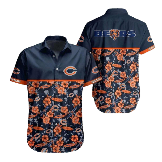 Chicago Bears Logo And Orange Hibiscus Tropical Hawaiian Shirt - Moonbestprint