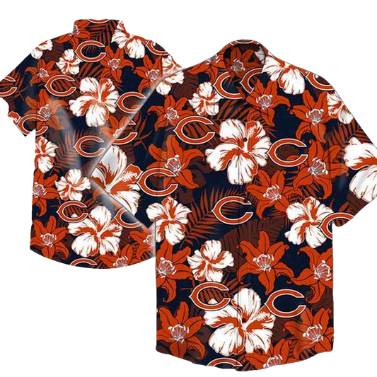 Chicago Bears Logo And Hibiscus Orange Hawaiian Shirt - Moonbestprint