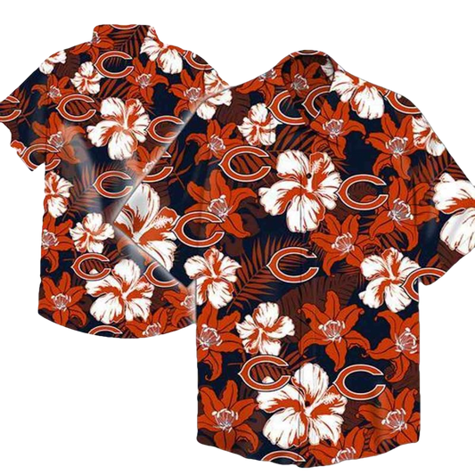 Chicago Bears Logo And Hibiscus Orange Hawaiian Shirt - Moonbestprint