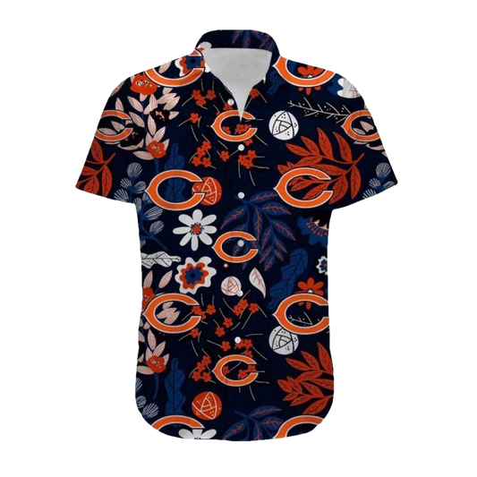 Chicago Bears Logo And Floral And Retro Art Pattern Hawaiian Shirt - Moonbestprint