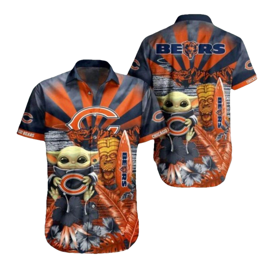 Chicago Bears And Baby Yoda With Sunset And Tiki Graphics Hawaiian Shirt - Moonbestprint