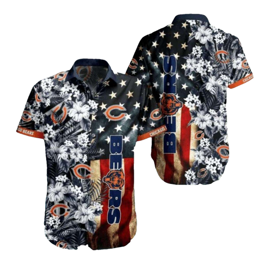 Chicago Bears American Flag And Floral Hawaiian Shirt - Moonbestprint