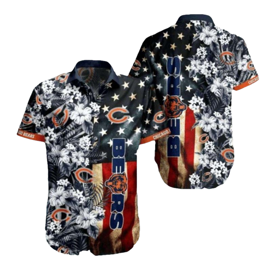 Chicago Bears American Flag And Floral Hawaiian Shirt - Moonbestprint