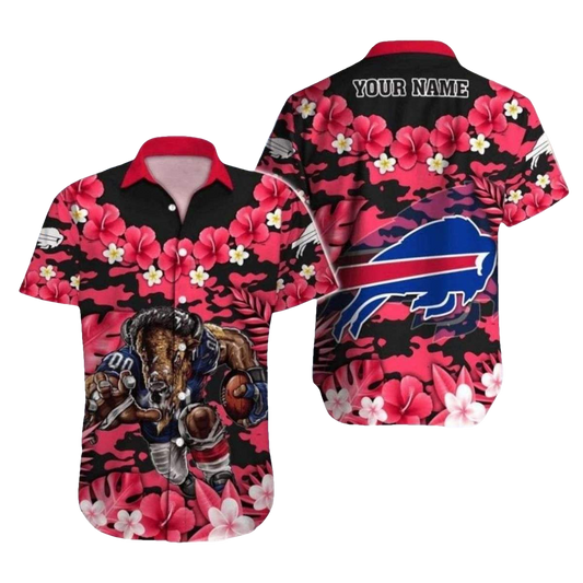 Personalized Buffalo Bills Mascot Graphic And Red Hibiscus Hawaiian Shirt - Moonbestprint