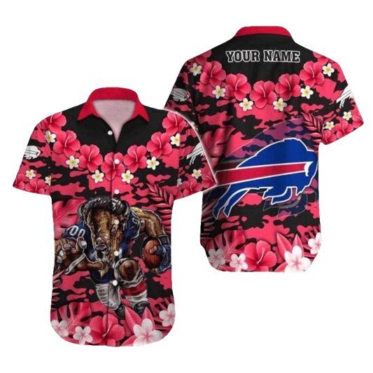 Personalized Buffalo Bills Mascot Graphic And Red Hibiscus Hawaiian Shirt - Moonbestprint