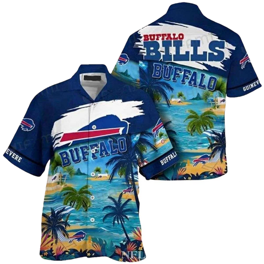 Personalized Buffalo Bills Logo And Blue Tropical Island With Palms Hawaiian Shirt - Moonbestprint