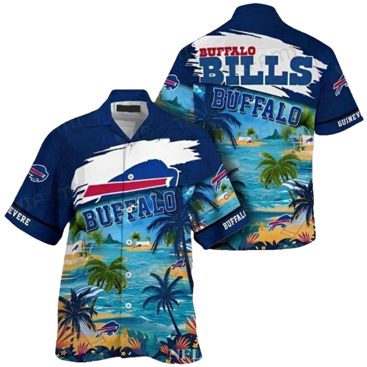 Personalized Buffalo Bills Logo And Blue Tropical Island With Palms Hawaiian Shirt - Moonbestprint