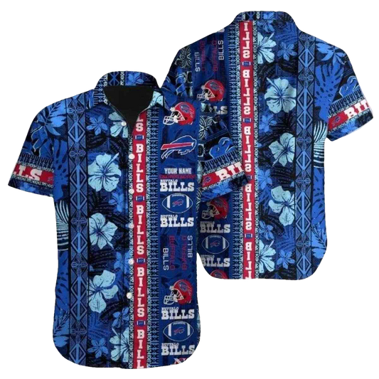 Personalized Buffalo Bills Blue Hibiscus And Helmet Logo Hawaiian Shirt - Moonbestprint