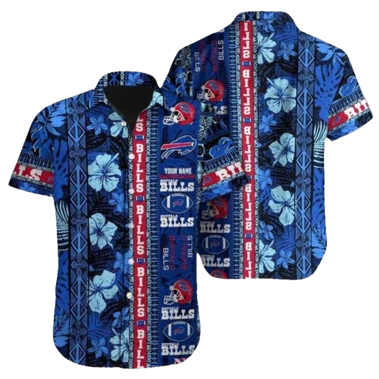 Personalized Buffalo Bills Blue Hibiscus And Helmet Logo Hawaiian Shirt - Moonbestprint