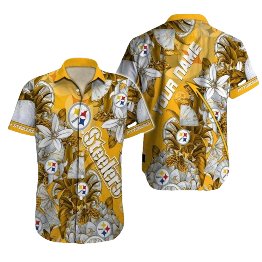 Personalized Pittsburgh Steelers Logo And Golden Pineapple Floral Hawaiian Shirt - Moonbestprint