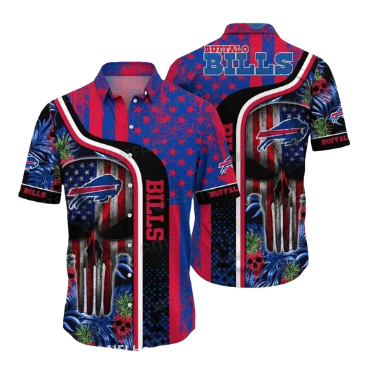 Buffalo Bills Tropical American Flag And Skull Hawaiian Shirt - Moonbestprint