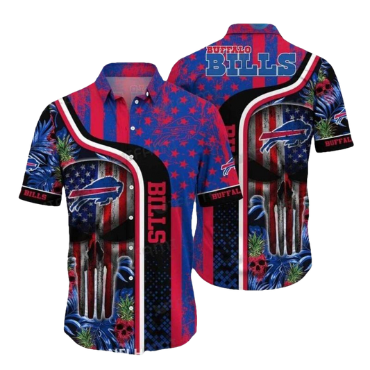 Buffalo Bills Tropical American Flag And Skull Hawaiian Shirt - Moonbestprint