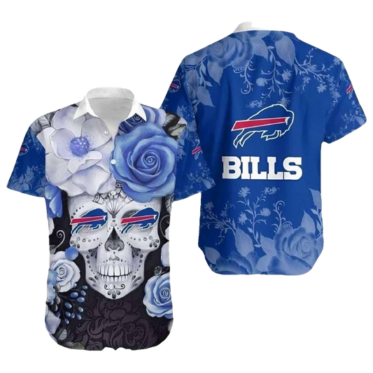 Buffalo Bills Skull Blue Floral Hawaiian Shirt - Moonbestprint