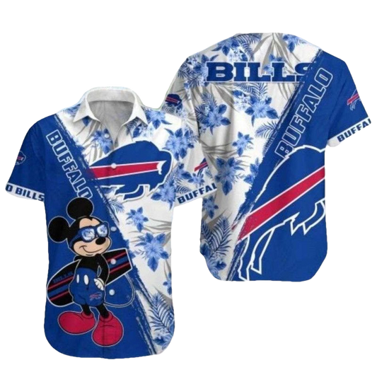 Buffalo Bills Mickey Surfing Blue And Tropical Pattern Hawaiian Shirt - Moonbestprint