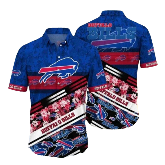 Buffalo Bills Logo And Red Hibiscus Retro Pattern Hawaiian Shirt - Moonbestprint