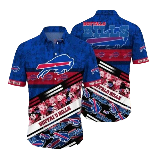 Buffalo Bills Logo And Red Hibiscus Retro Pattern Hawaiian Shirt - Moonbestprint
