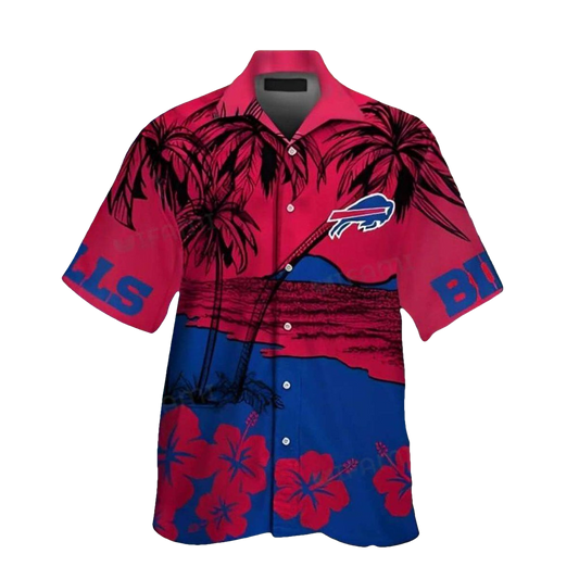 Buffalo Bills Coconut Tree And Hibiscus Red And Blue Hawaiian Shirt - Moonbestprint