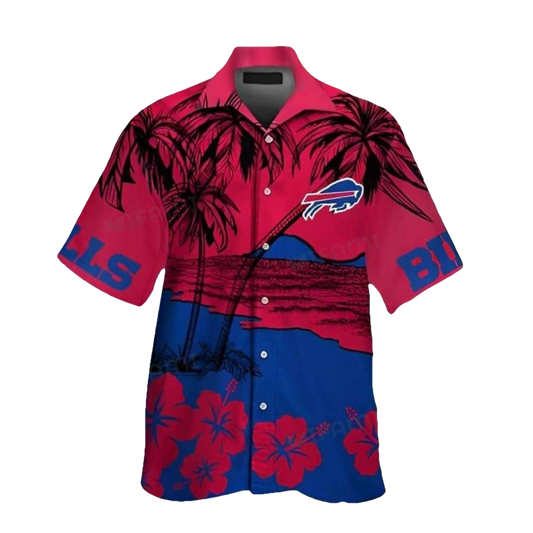 Buffalo Bills Coconut Tree And Hibiscus Red And Blue Hawaiian Shirt - Moonbestprint