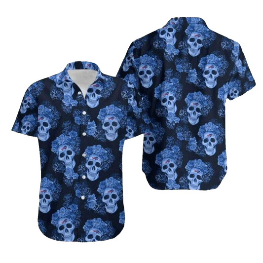 Buffalo Bills Blue Skull And Roses Pattern Hawaiian Shirt - Moonbestprint