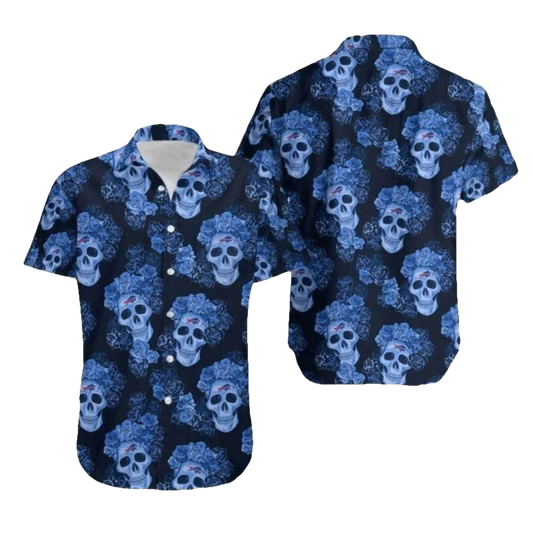 Buffalo Bills Blue Skull And Roses Pattern Hawaiian Shirt - Moonbestprint