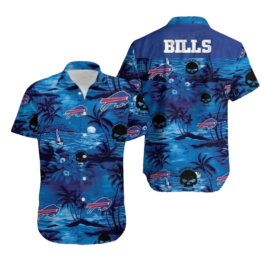 Buffalo Bills Blue Skull And Palm Tree Design Hawaiian Shirt - Moonbestprint