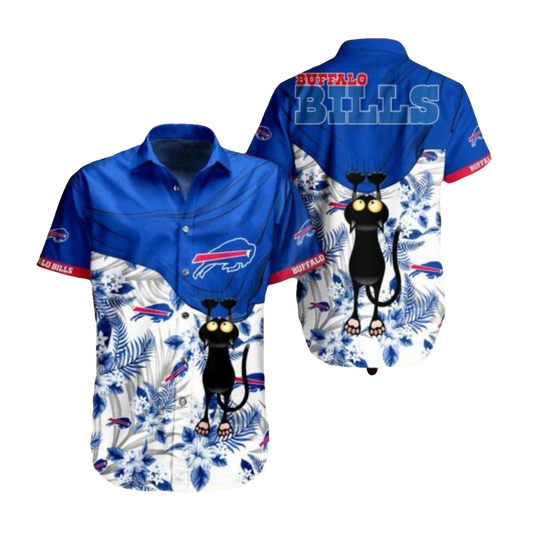 Buffalo Bills Blue Floral And Funny Black Cat Hawaiian Shirt - Moonbestprint