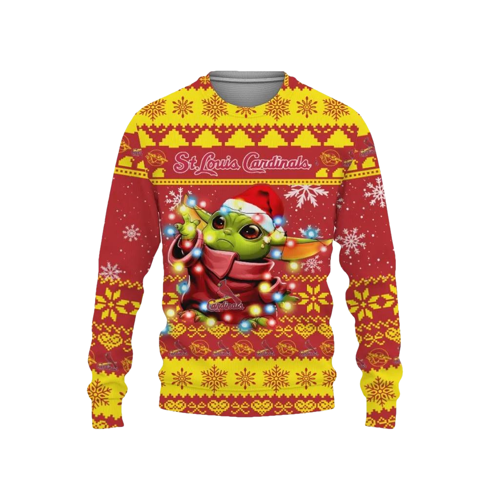 St. Louis Cardinals Baby Yoda Star Wars Ugly Christmas Sweater, MLB Christmas Sweater Moonbestprint