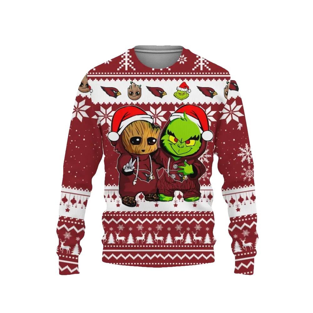 Arizona Cardinals Baby Groot And Grinch Best Friends Ugly Christmas Sweater, NFL Christmas Sweater Moonbestprint