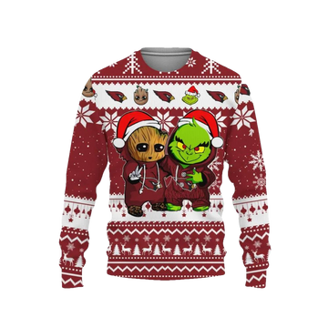 Arizona Cardinals Baby Groot And Grinch Best Friends Ugly Christmas Sweater, NFL Christmas Sweater Moonbestprint