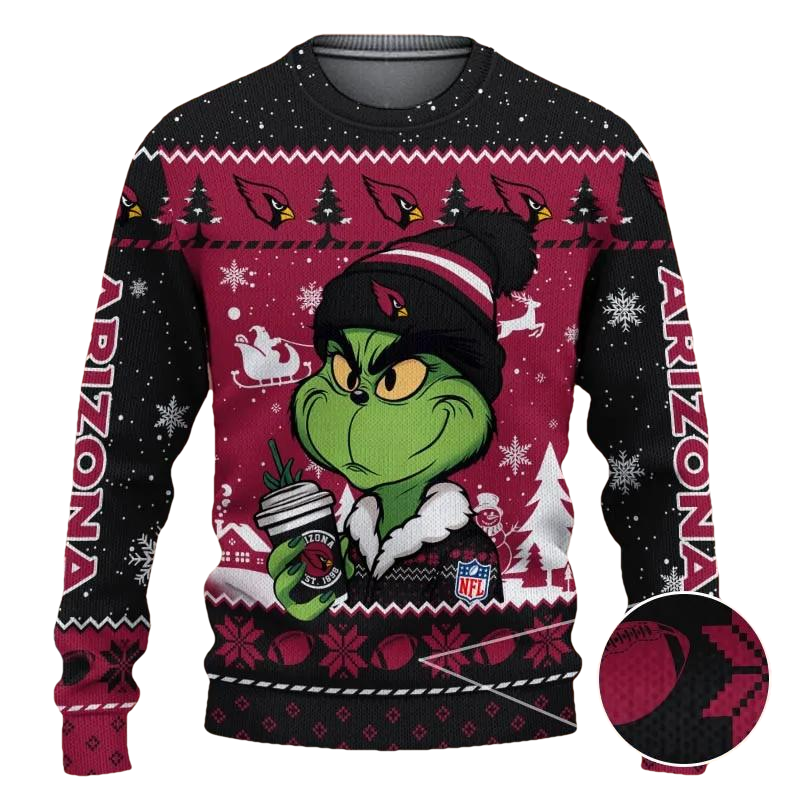 Arizona Cardinals The Grinch Drink Coffee NFL Fans Ugly Sweater, NFL Christmas Sweater Moonbestprint