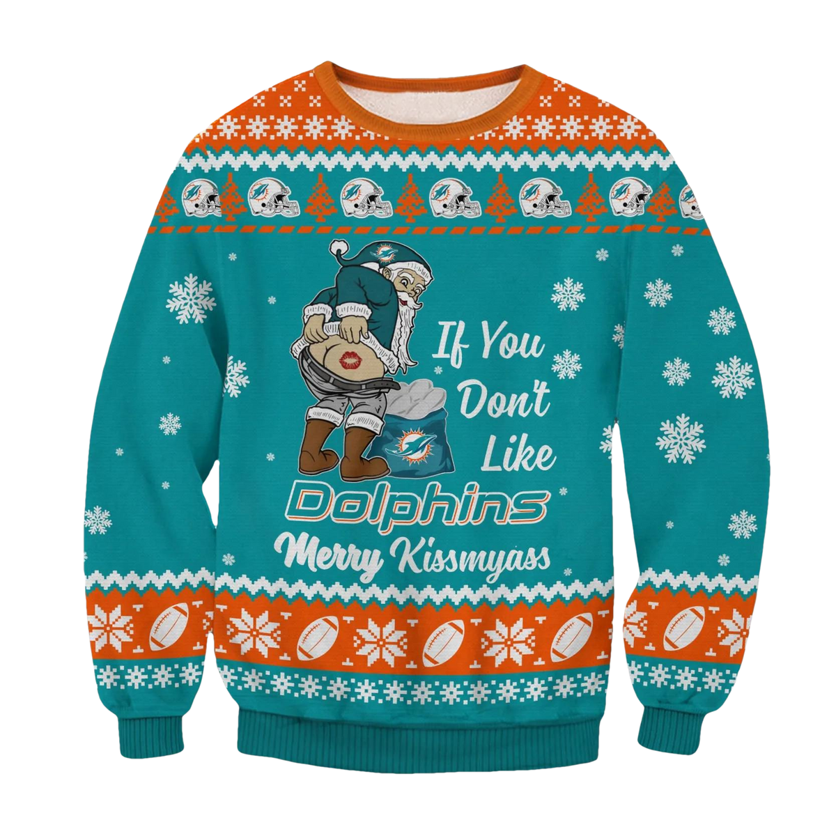 Miami Dolphins Santa Kissmyass Ugly Christmas Sweater, NFL Christmas Sweater Moonbestprint