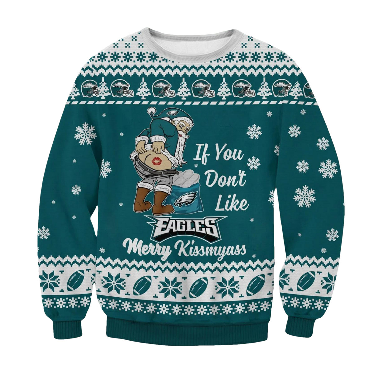 Philadelphia Eagles Santa Kissmyass Ugly Christmas Sweater, NFL Christmas Sweater Moonbestprint