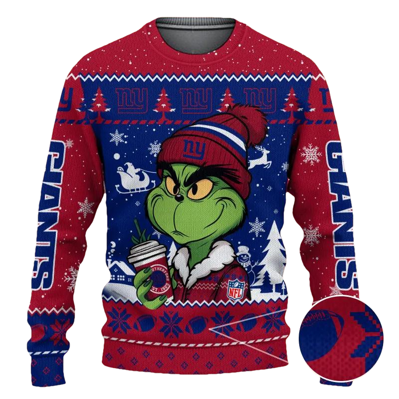 The Grinch Drink Coffee New York Giants Ugly Christmas Sweater, NFL Christmas Sweater Moonbestprint