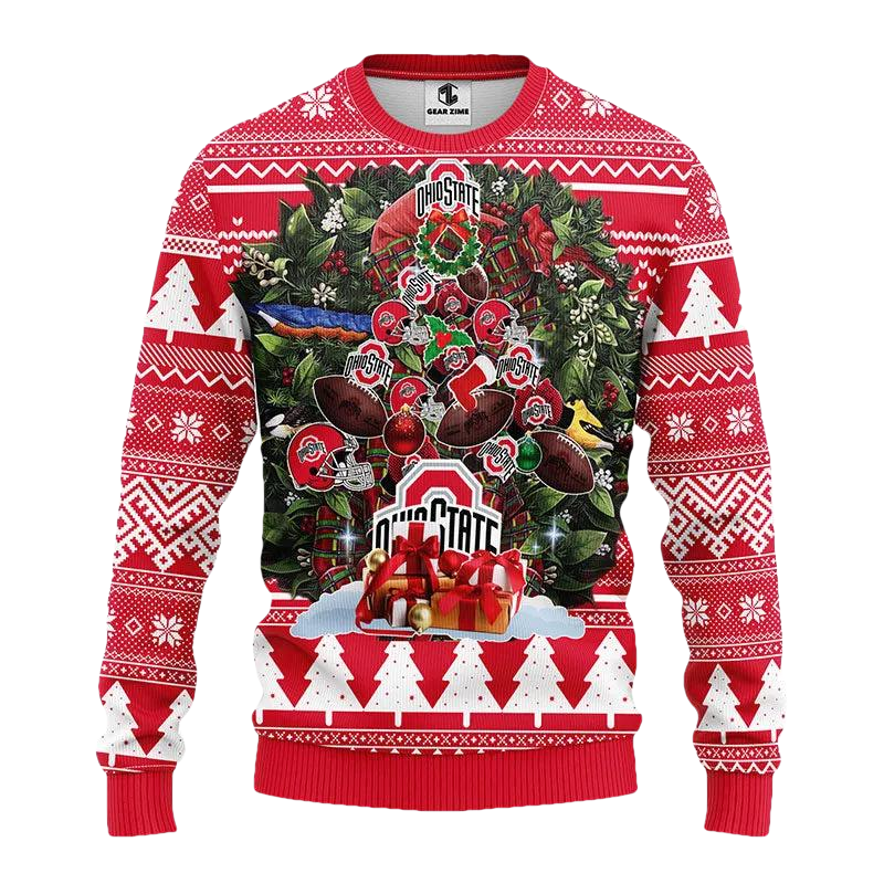 Ohio State Buckeyes Tree Ball Ugly Christmas Sweater, NCAA Christmas Sweater Moonbestprint