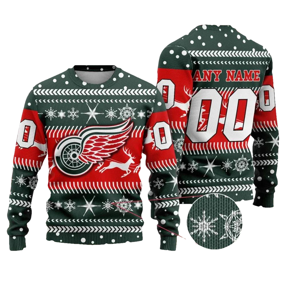 NHL Detroit Red Wings Personalized Name & Number Ugly Christmas Sweater, NHL Christmas Sweater Moonbestprint