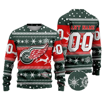 NHL Detroit Red Wings Personalized Name & Number Ugly Christmas Sweater, NHL Christmas Sweater Moonbestprint