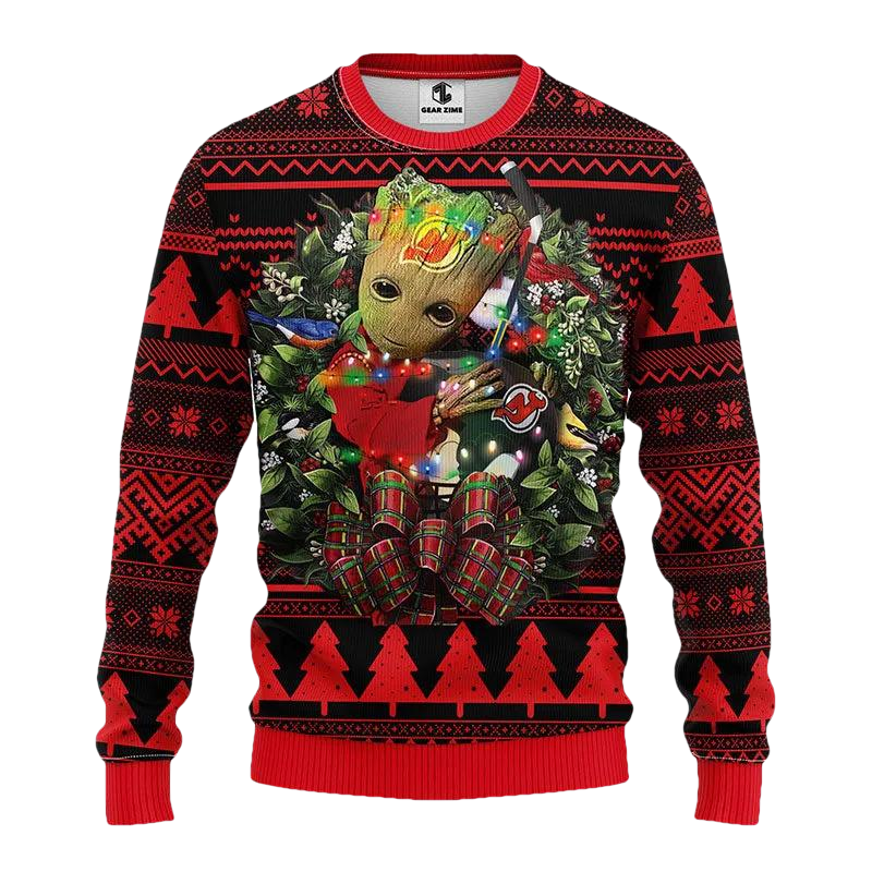 New Jersey Devils Groot Hug Ugly Christmas Sweater, NHL Christmas Sweater Moonbestprint