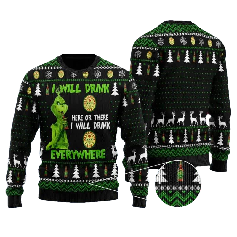 Ballantine Grinch Will Drink Everywhere Ugly Sweater, Grinch Holiday Sweater Moonbestprint