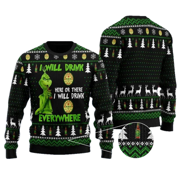 Ballantine Grinch Will Drink Everywhere Ugly Sweater, Grinch Holiday Sweater Moonbestprint