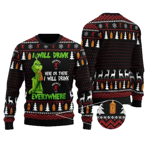 Grinch I Will Drink Fireball Everywhere Ugly Sweater, Grinch Holiday Sweater Moonbestprint