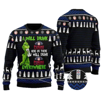 Grinch I Will Drink Peroni Nastro Azzurro Everywhere Christmas Gift Ugly Christmas Sweater, Grinch Holiday Sweater Moonbestprint