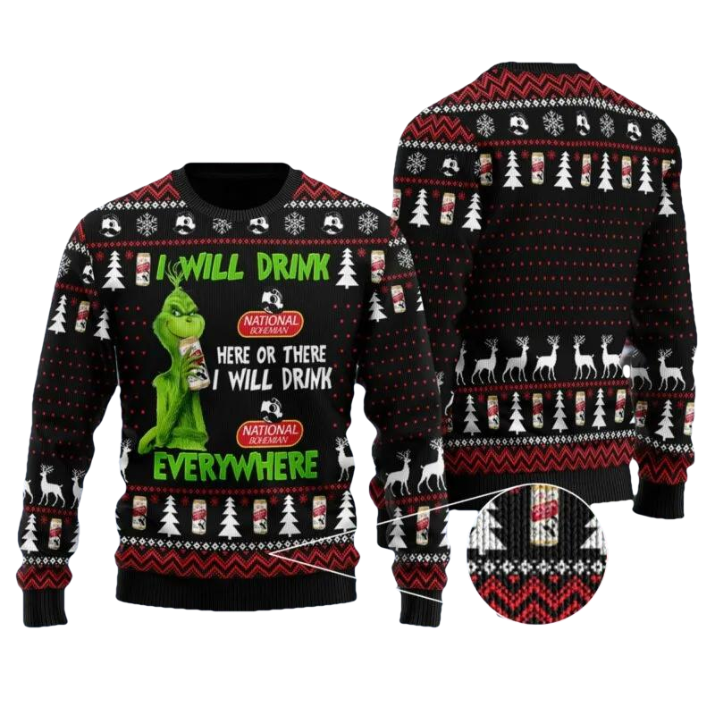 National Bohemian Grinch Will Drink Everywhere Ugly Sweater, Grinch Holiday Sweater Moonbestprint