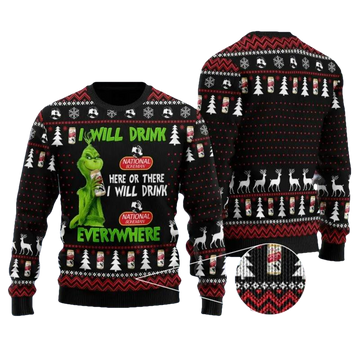 National Bohemian Grinch Will Drink Everywhere Ugly Sweater, Grinch Holiday Sweater Moonbestprint
