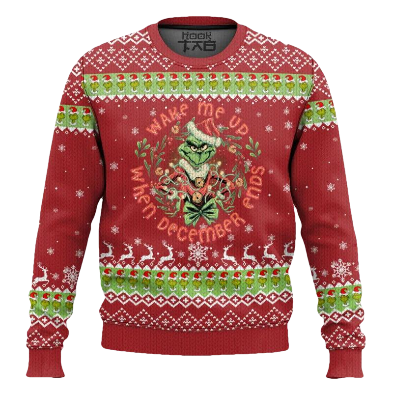 “Wake Me Up When December Ends” Grinch Ugly Christmas Sweater, Grinch Holiday Sweater Moonbestprint