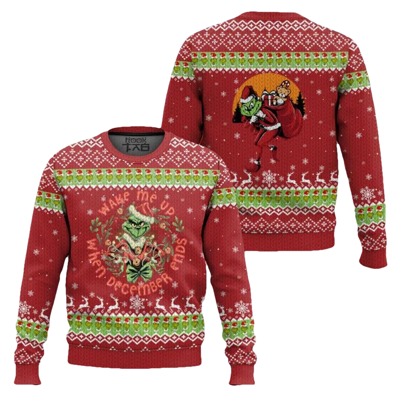 “Wake Me Up When December Ends” Grinch Ugly Christmas Sweater, Grinch Holiday Sweater Moonbestprint