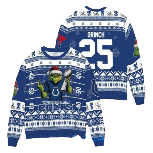 Indianapolis Colts x Grinch Christmas Dr. Seuss How the Grinch Stole Christmas with Super Bowl Trophy Custom Ugly Christmas Sweater, NFL Chritsmas Sweater Moonbestprint